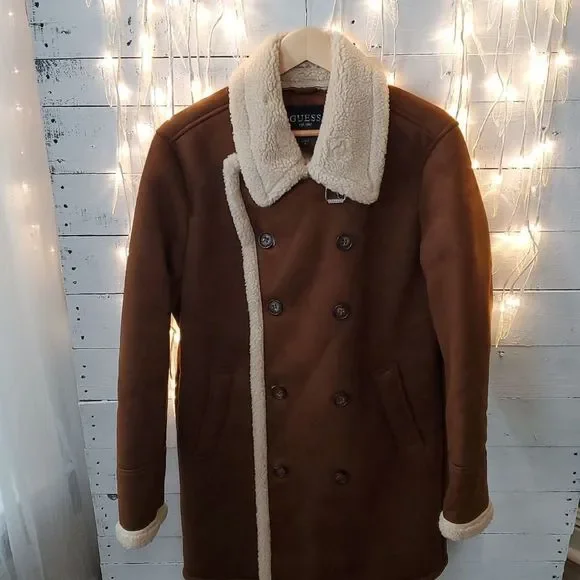 GUESS MENS FAUX-SHEARLING COGNAC OVERCOAT SIZE M NWOT-NEW WITHOUT TAGS - Picture 1 of 14